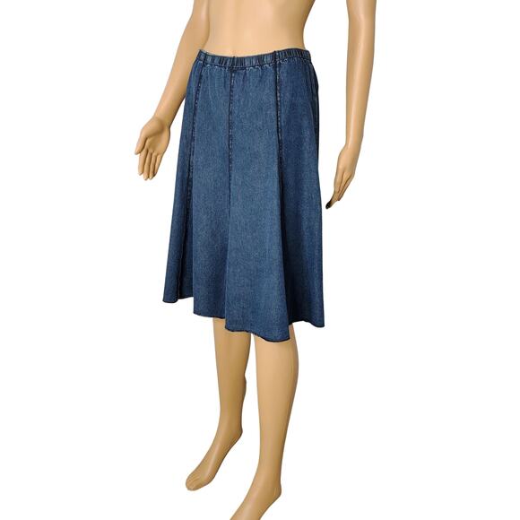 J Jill 100% Cotton Midi Denim Blue Panel Flare Skirt Elastic Waistband Size XSP - Picture 1 of 7